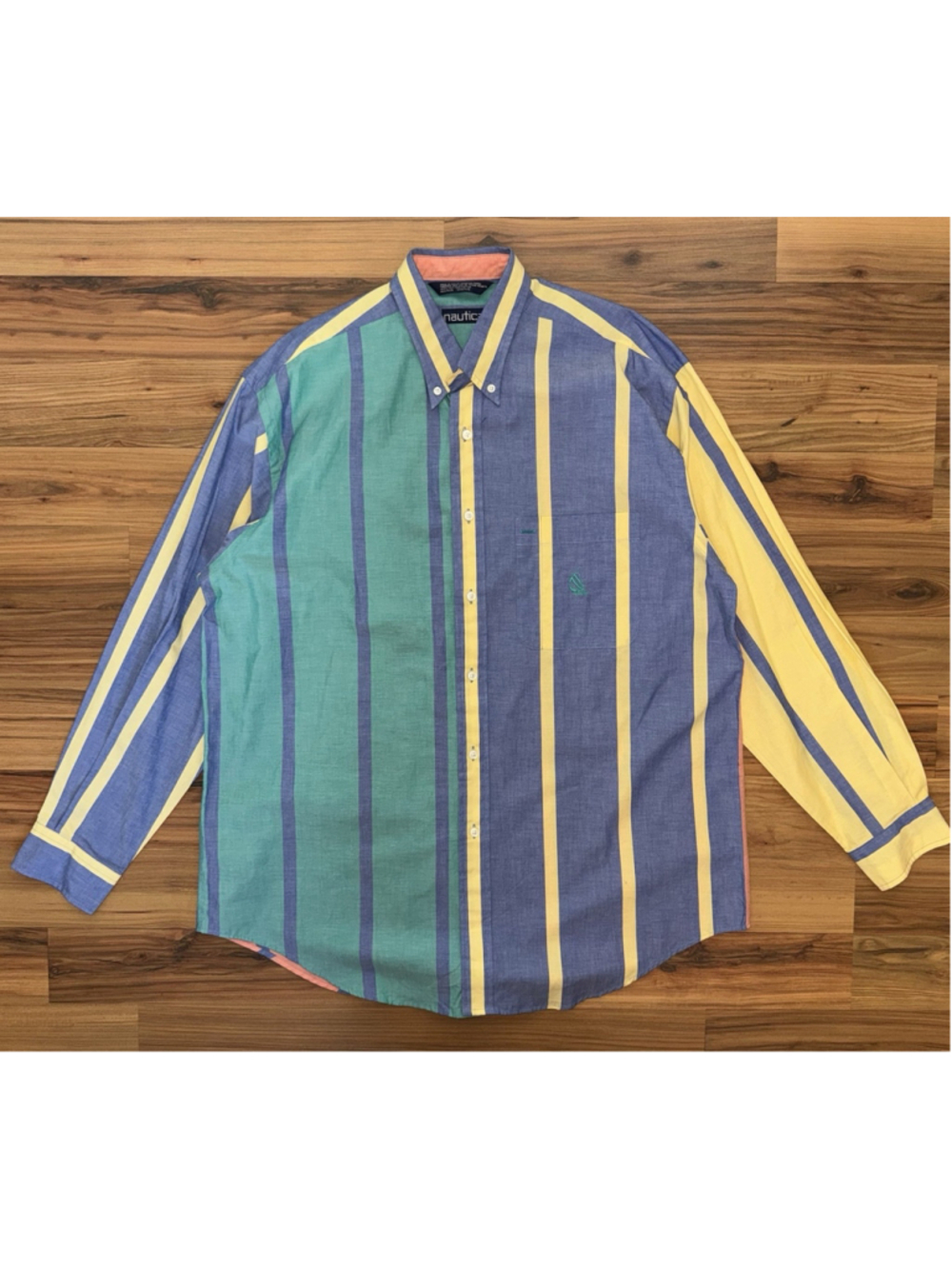 Vintage 90s Nautica Mens L Colorblock Striped Button Down Shirt Preppy Sailing